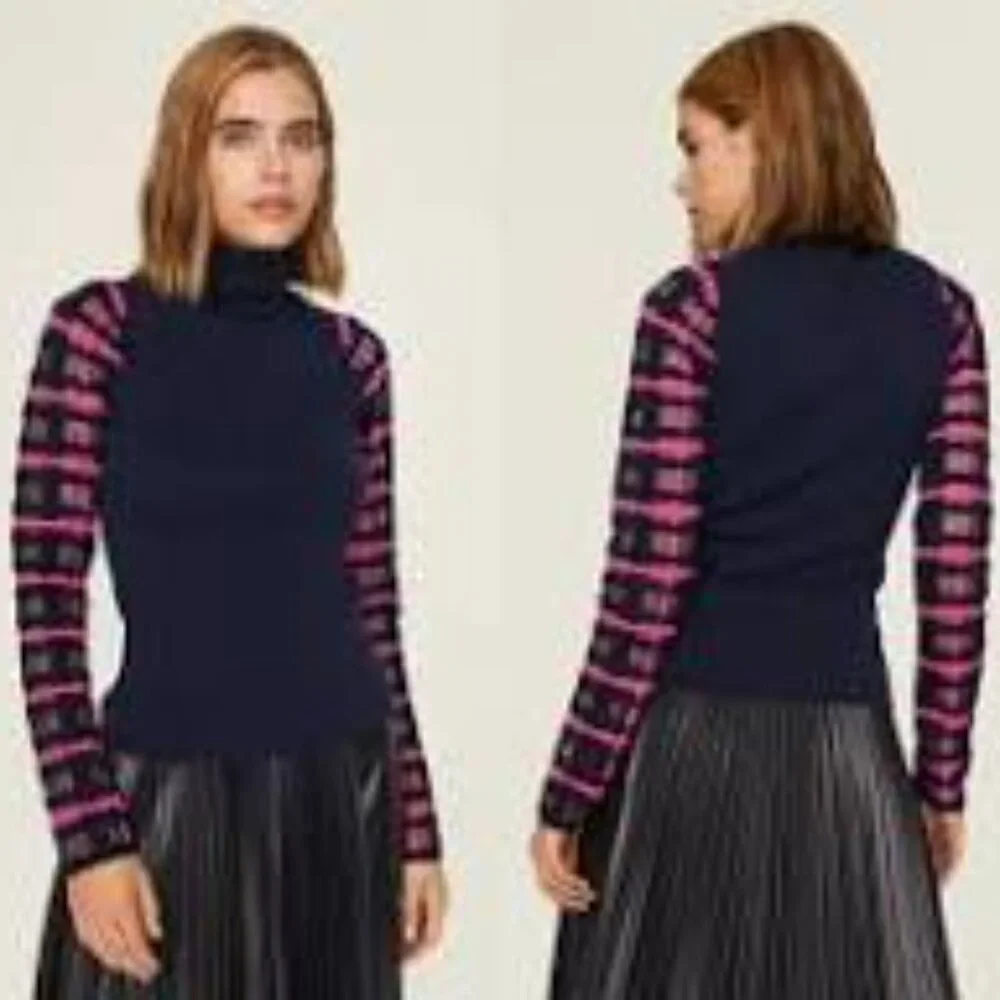 Women's Navy and Pink Sweater Lattice Sleeve Estaban Cortazar - Picture 2 of 11